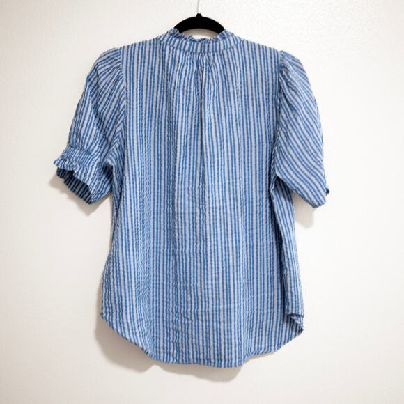 Apiece Apart Los Altos Top Blue Seersucker Stripe Puff Sleeve Henley SZ M - Picture 4 of 7